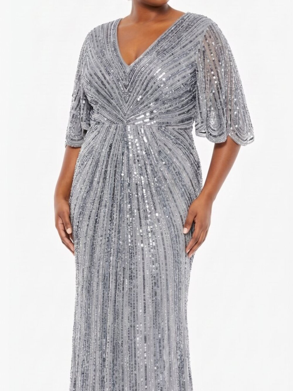 Mac Duggal Beaded Sequined Flutter Sleeve Gown Grey Silver Maxi Dress Plus 18
